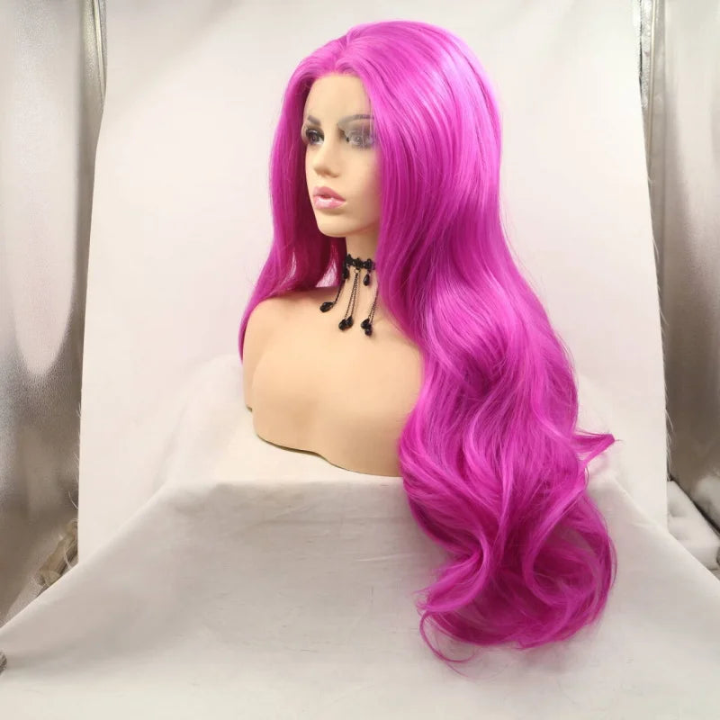 Women's wig in rose pink with large wavy long curls, hand-tied front lace, synthetic fiber, matte finish, full head cover