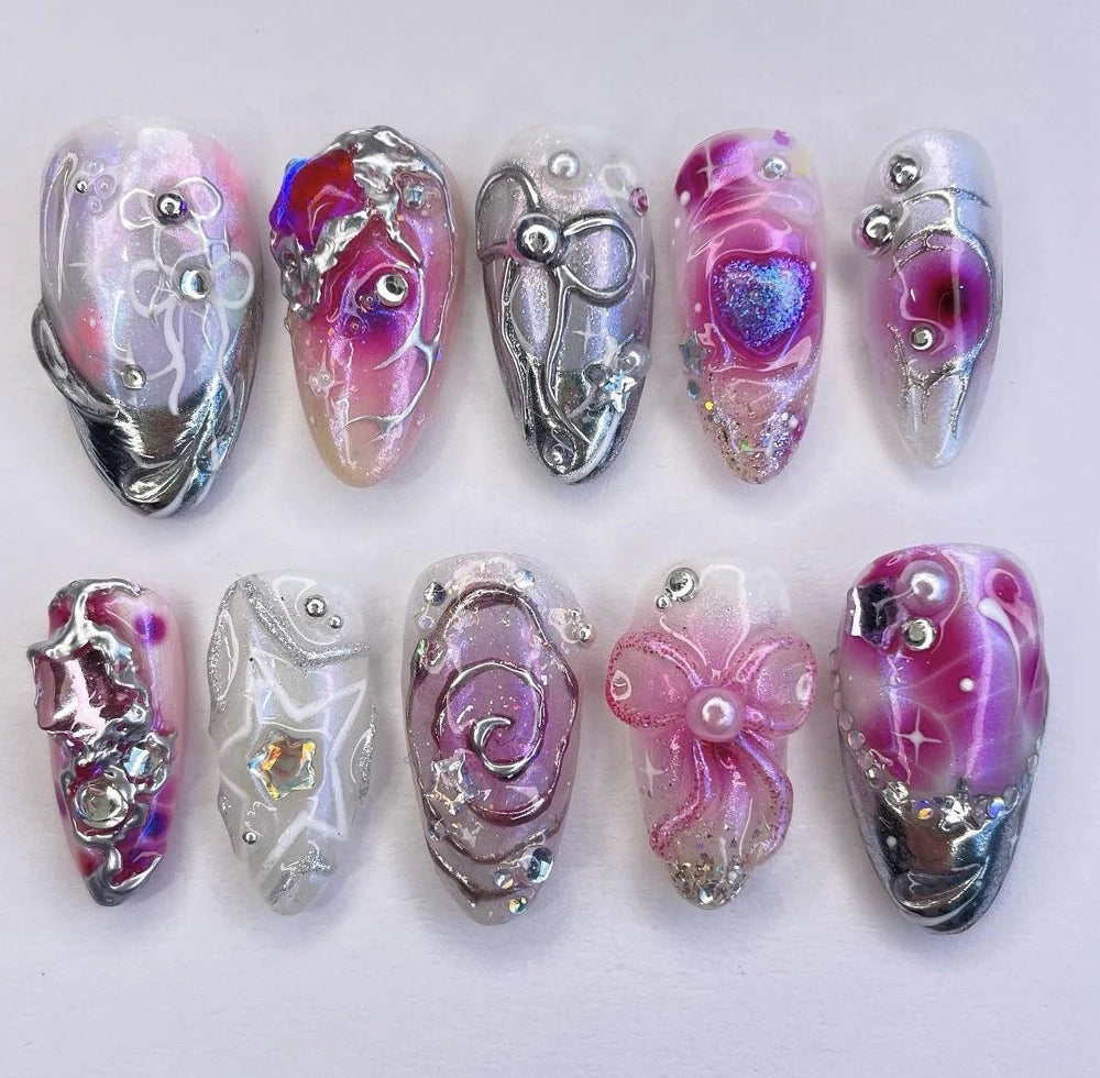 10Pcs 3D Flower Bow Gel Acrylic Nails Almond
