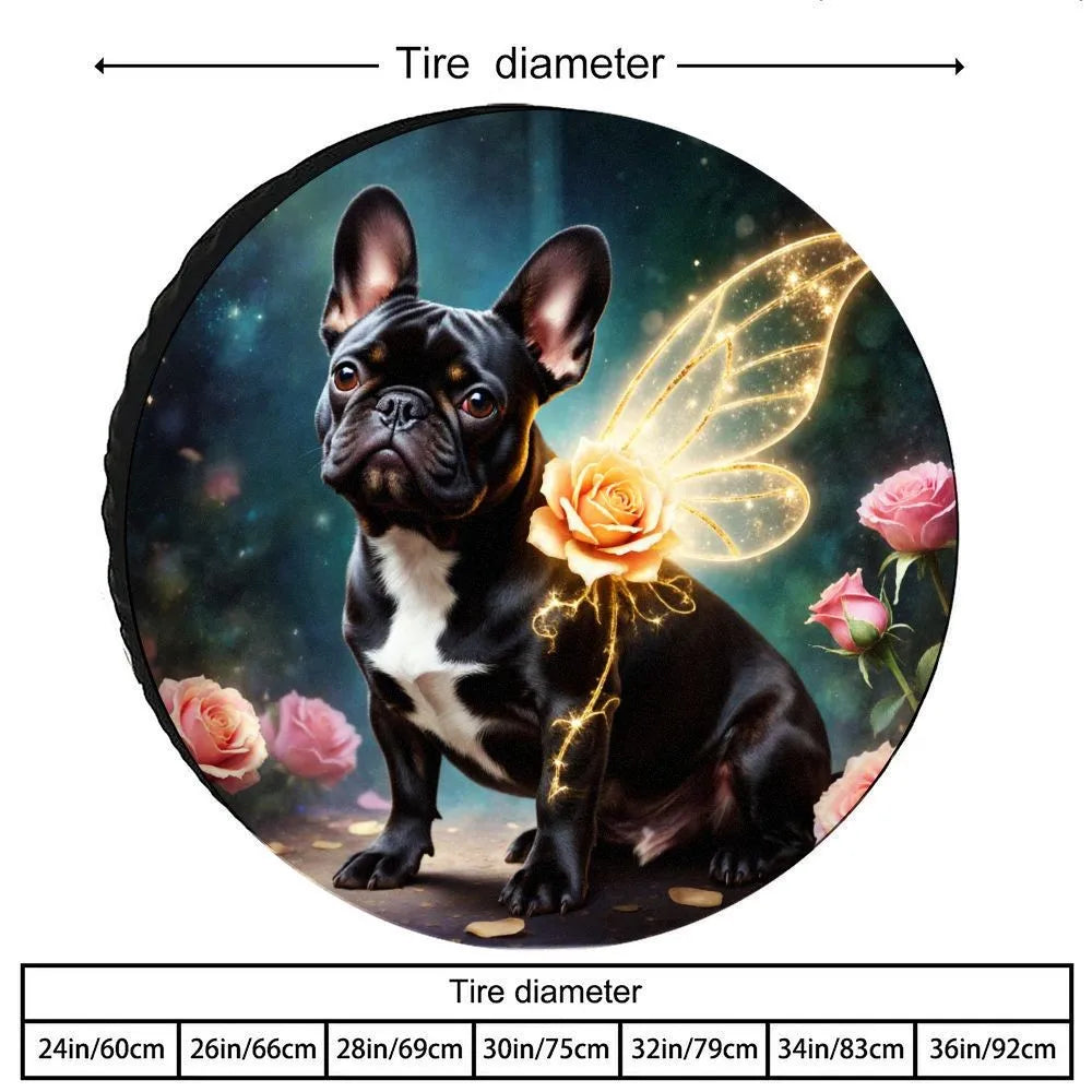 Fairy French Bulldog Spare Tire Cover Glowing Wings Rose Print Polyester Outdoor Vehicle Protection