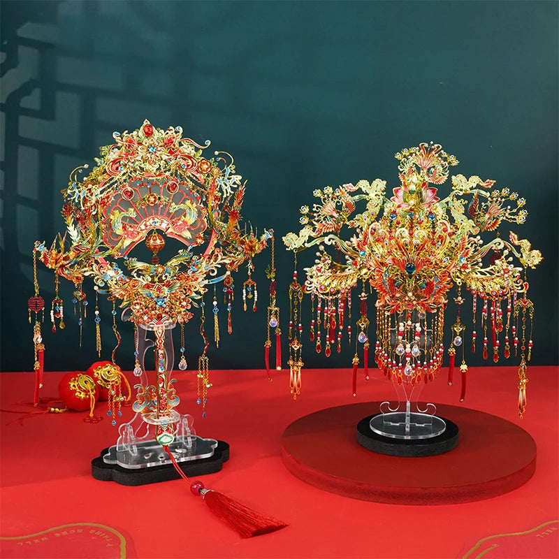 DIY 3D Metal Puzzle Chinese Wedding Phoenix Coronet and Fan Miniature Model Building Kits Jigsaw Puzzles for Girls Gifts