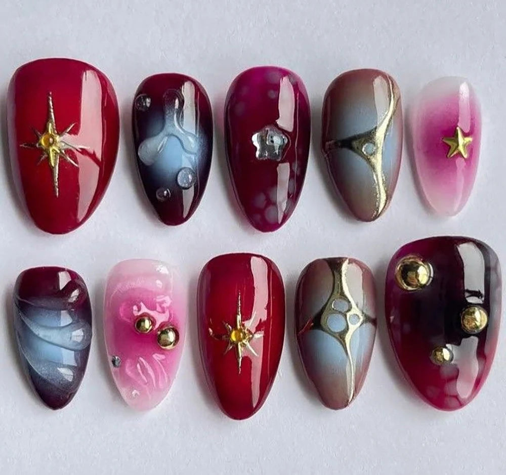 10Pcs 3D Flower Bow Gel Acrylic Nails Almond