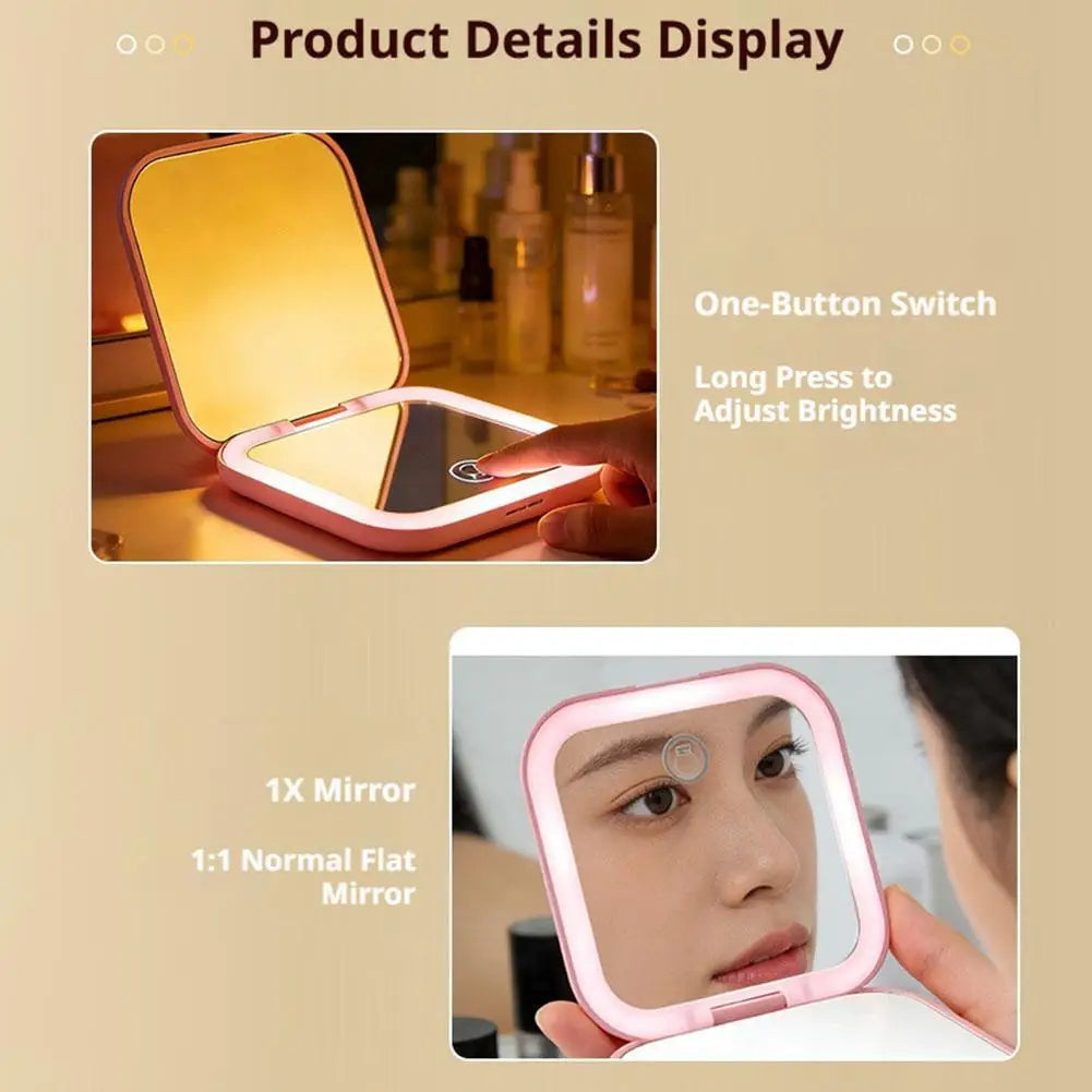 Portable Folding LED Makeup Mirror Rechargeable Handheld Mirror With 2X Magnification Pink Dual-Sided LED Lighted Makeup Mirror