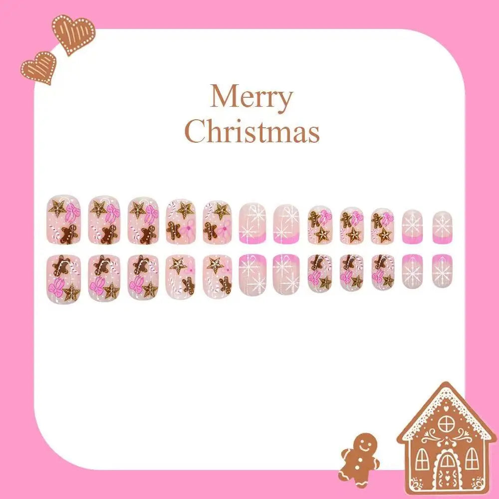 Christmas Press‑on Nails Short Square Shape Pink French Edge Hand Drawn Snowflake Gingerbread Candy Cane Design False Nails