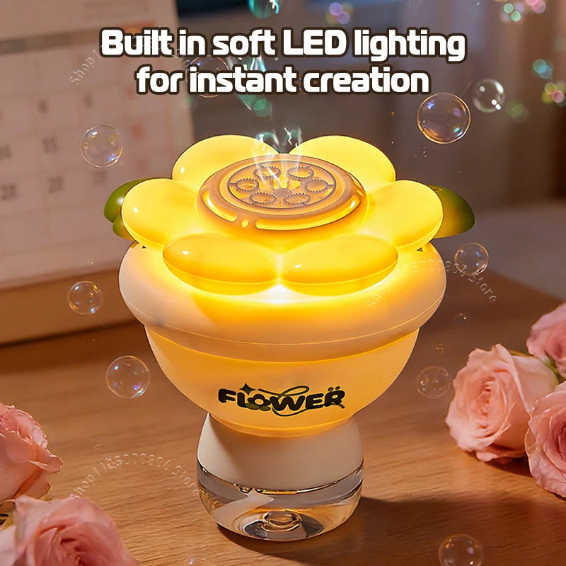 Mini Flower Bouquet Bubble Machine Automatic High Output Bubble Blower with Lights Cute Handheld Toy For Kids Wedding Party