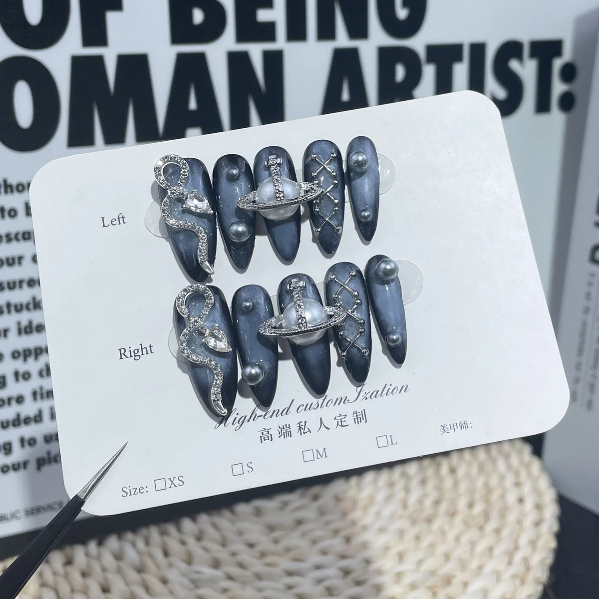 Mysterious Cosmic Dark Blue With Diamond Snake Almond Acrylic Nails