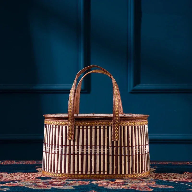 Handcrafted Bamboo Tote Eco-friendly Fordable Picnic Basket Handmade Gift Box for Festival/market Natural Durable Lunch Bag
