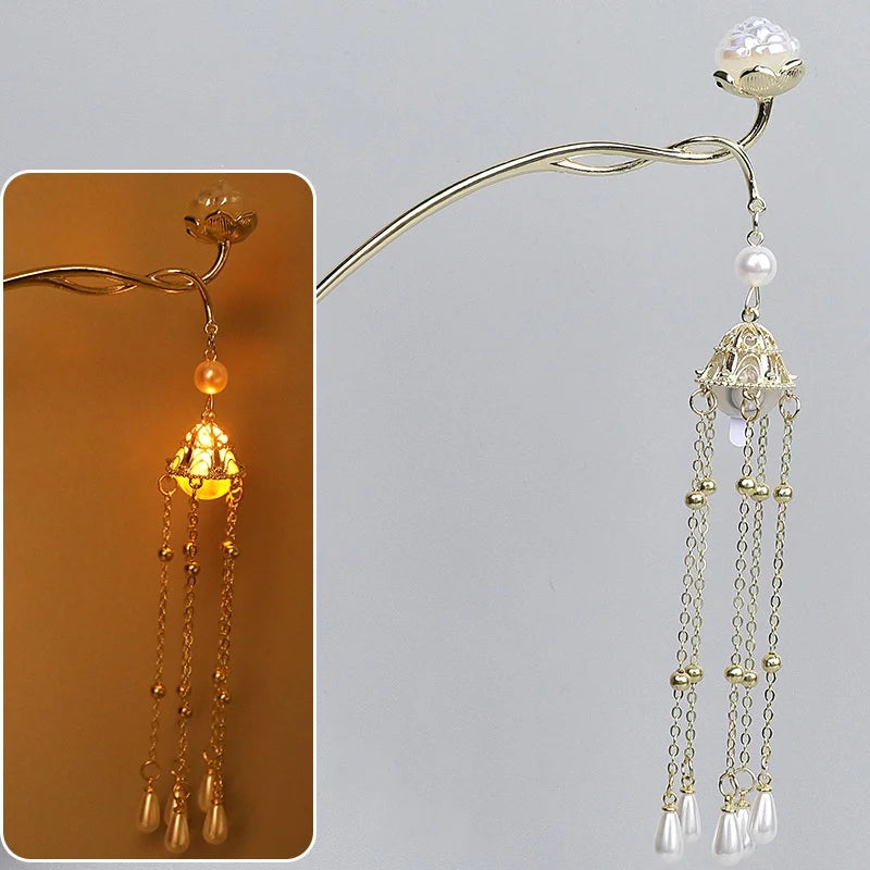 Luminous Flower Hairpin Lotus Light Lantern Tassel Hair Stick