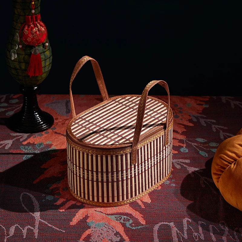 Handcrafted Bamboo Tote Eco-friendly Fordable Picnic Basket Handmade Gift Box for Festival/market Natural Durable Lunch Bag