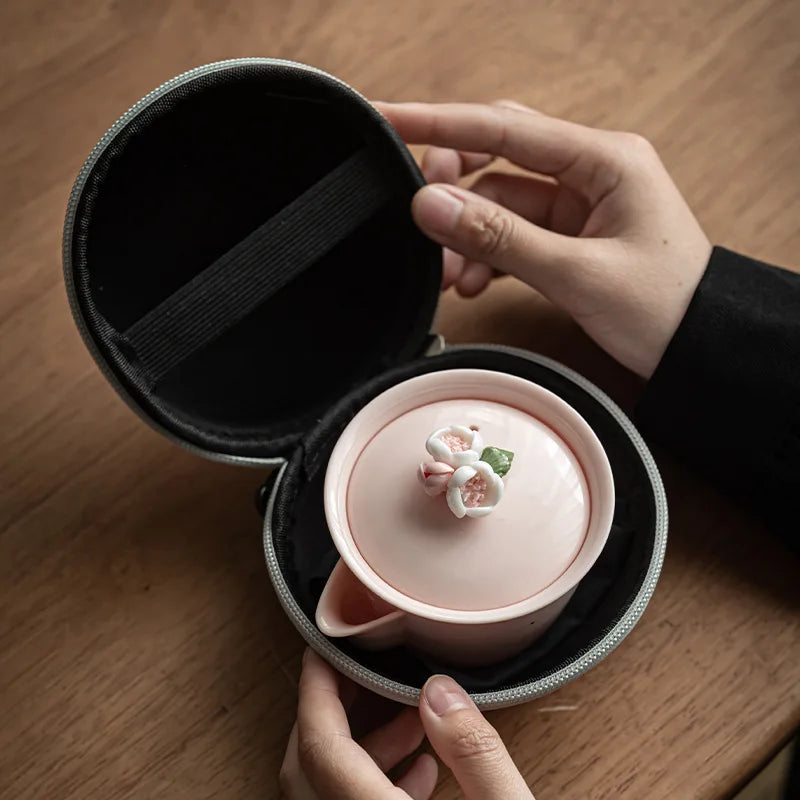 Handmade Pink Flower Carving, Travel Camping, Fast Guest Cup, Kung Fu Tea Set, Ceramic Teapot, Gaiwan Tea Ceremony, Ladies' Gift