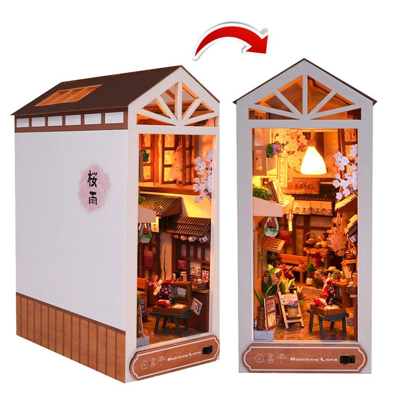 DIY Book Nook Shelf Insert Kits Miniature Dollhouse with Furniture Room Box Cherry Blossoms Bookends Japanese Store Toys Gifts