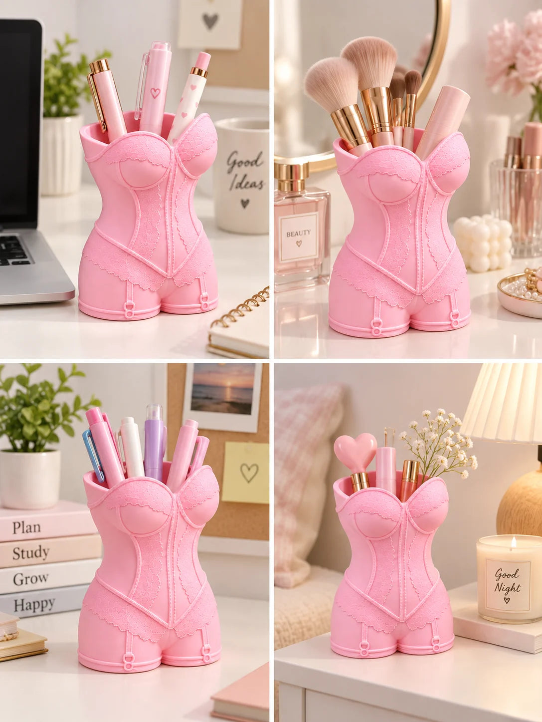 Pink Corset-Style Makeup Brush Holder with Waist-Cinching Design, Dressing Table Storage Rack, Three-Dimensional Lace Texture with Full Details and Soft Texture, Can Hold Various Makeup Brushes and Beauty Tools, Creates a Soft and Feminine Atmosphere, Des
