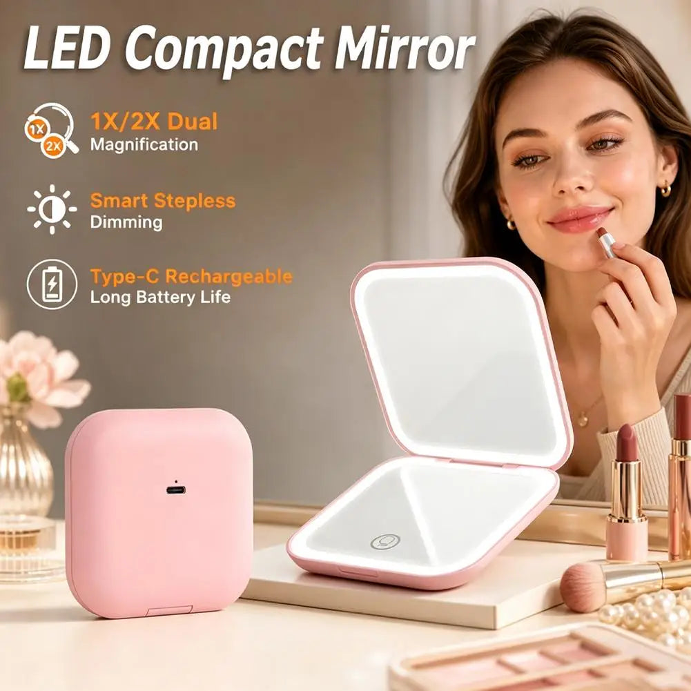 Portable Folding LED Makeup Mirror Rechargeable Handheld Mirror With 2X Magnification Pink Dual-Sided LED Lighted Makeup Mirror