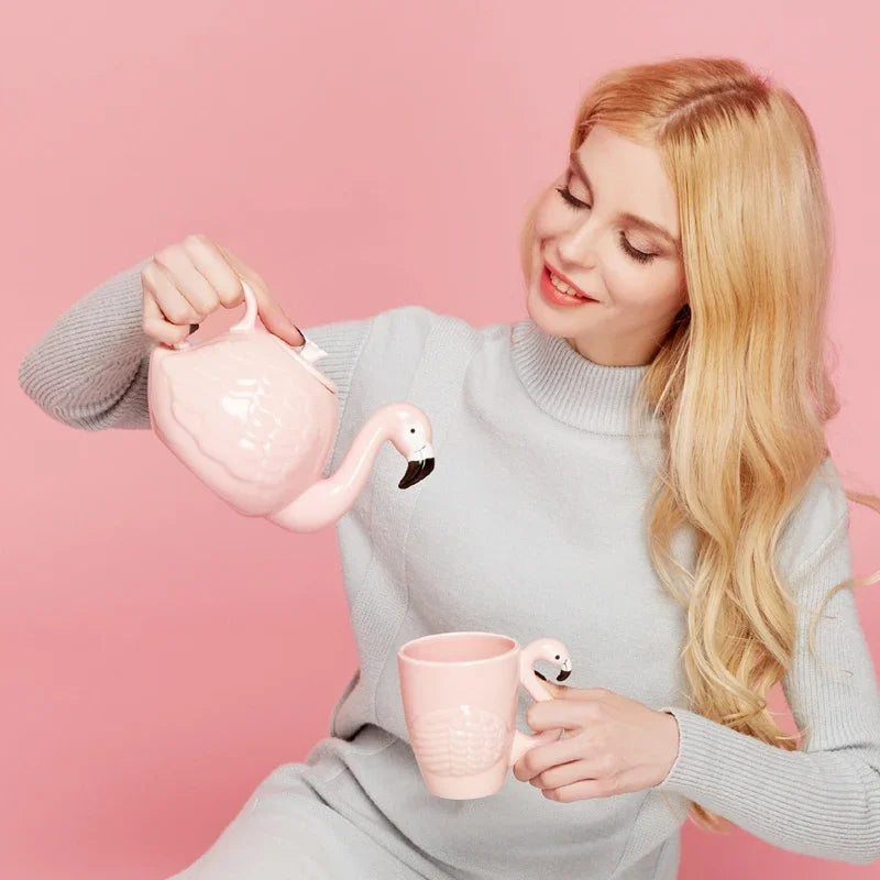 Flamingo Teapot Set Ceramic With Handle Cute Animal Mark Cup Pink Porcelain Tea Pot Teaware Drinking Tools