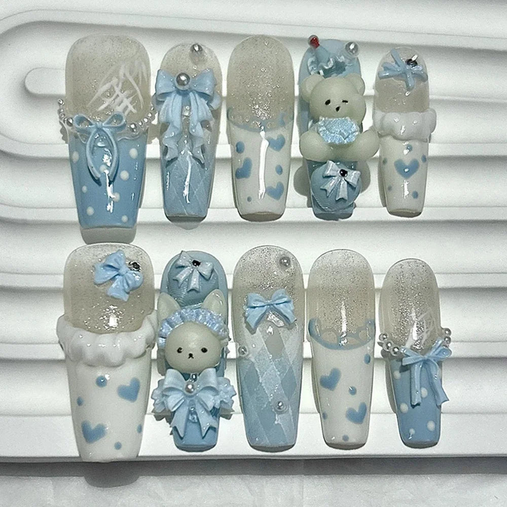 10 Pieces Kawaii 3D Bow Teddy Bear French Handmade Press On Nails Cute Blue Bunny Long Fake Nails Pearls Polka Dot Girl Nail Art