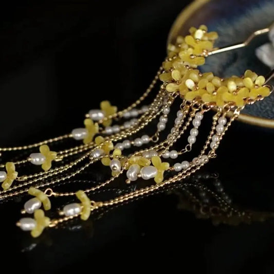 Ancient Style Osmanthus Hairpin with Tassels, Hanfu Hairpin, Ming-Style Accessories, Women's Hair Curtain, Step-Robe, Horse-Face Skirt Hair Ornament