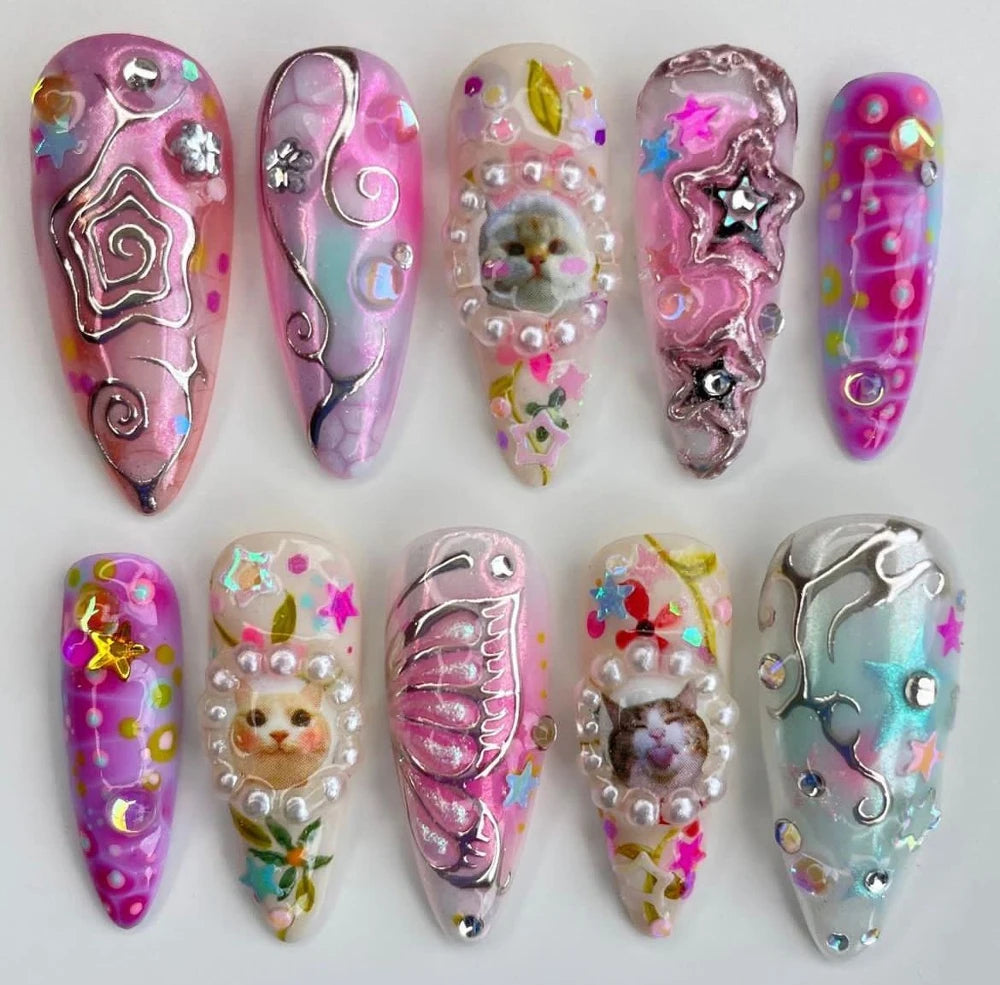 10Pcs 3D Flower Bow Gel Acrylic Nails Almond