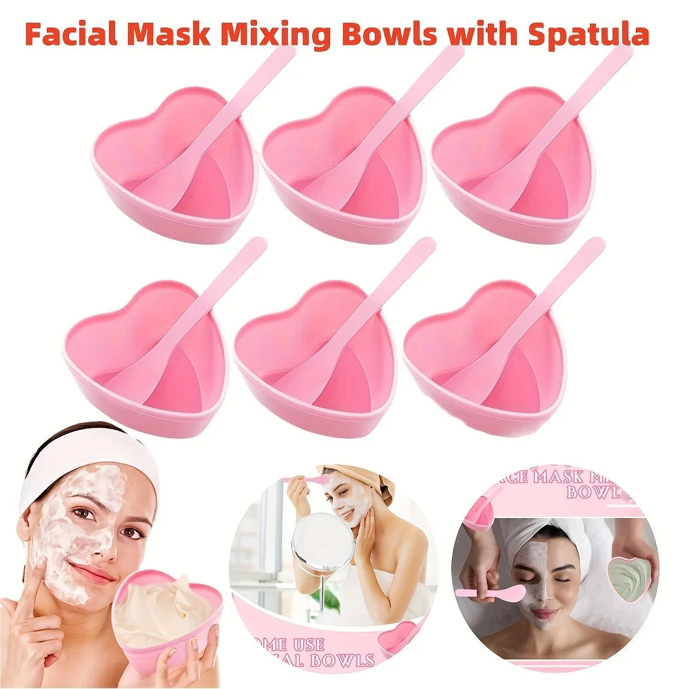 6-piece Pink Heart Shaped Facial Mask Mixing Bowl with Scraper Plastic DIY Skin Care Tool, Suitable for Family and Salon