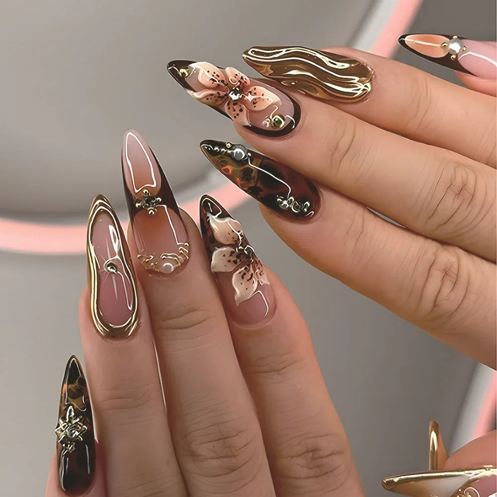 24pcs Long Almond Sweet Flower Pink with Shell Pearl Design Acrylic Nails