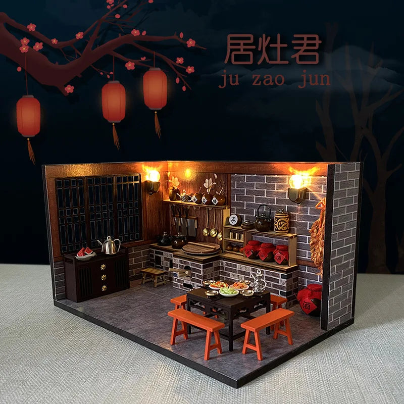 DIY Dollhouse Miniature Chinese Ancient Kitchen Kit Vintage Wooden Assembly Model with LED Lights Pretend Play Educational Toy