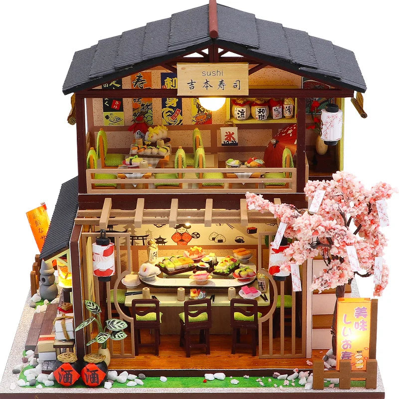 DIY Wooden Miniature Model Kit Japanese Sushi Store Casa Doll Houses 3D Puzzle Dollhouse With Furniture Lights for Friends Gifts