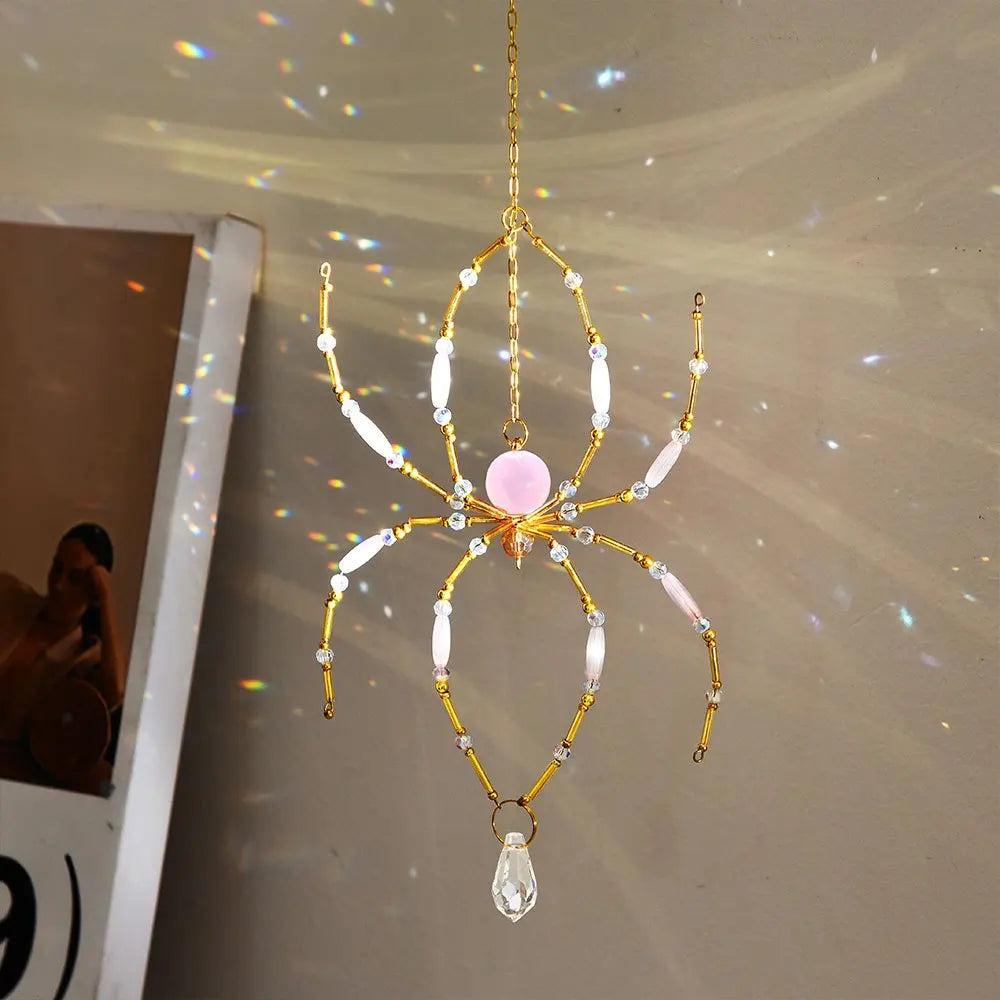 Crystal Pink Spider Suncatcher Pendant, Beaded Wire Spider Prism Light Catcher Hanging Decor for Window Wall Home Halloween