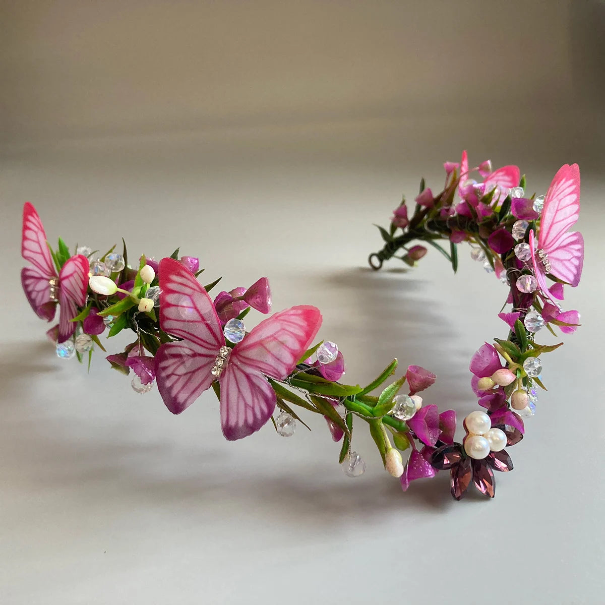 Purple Butterfly Flower Crown Bridal Halo Headband ELF Tiara with Adjustable Ribbon or Women Wreath Crown Wedding Floral Garland