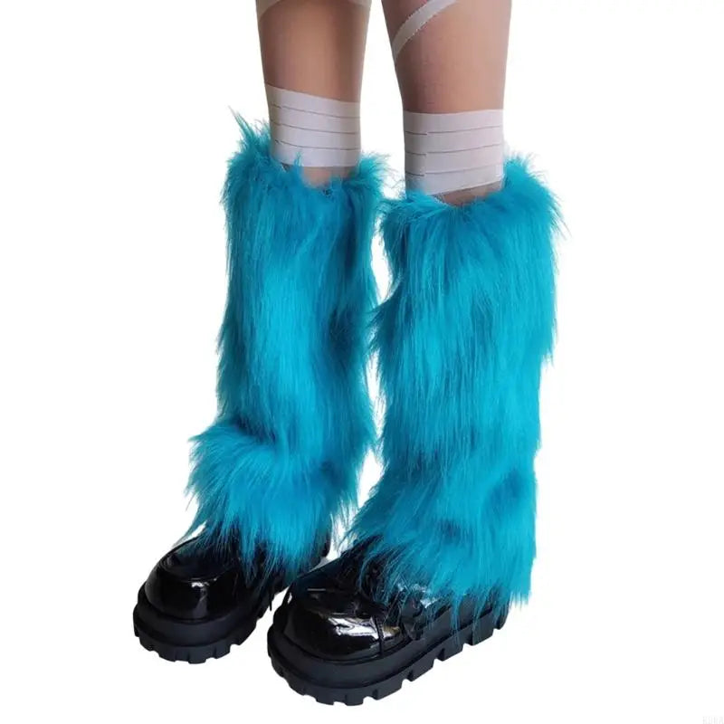 E56A Plush Furry Leg Warmers for Women Winter Boot Toppers Thermal Warm Bright Blue Fuzzy Foot Covers Footless Socks Gaiters