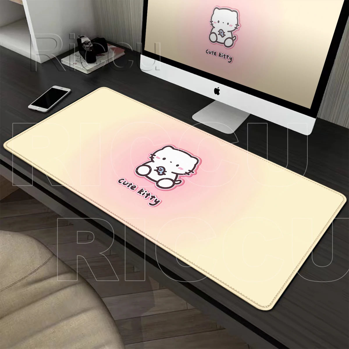 Kawaii Cartoon Kitten Gradient Mousepad Large Rubber Base Table Desktop Mat Office Gamer Computer Speed Type Carpet Keyboard Pad