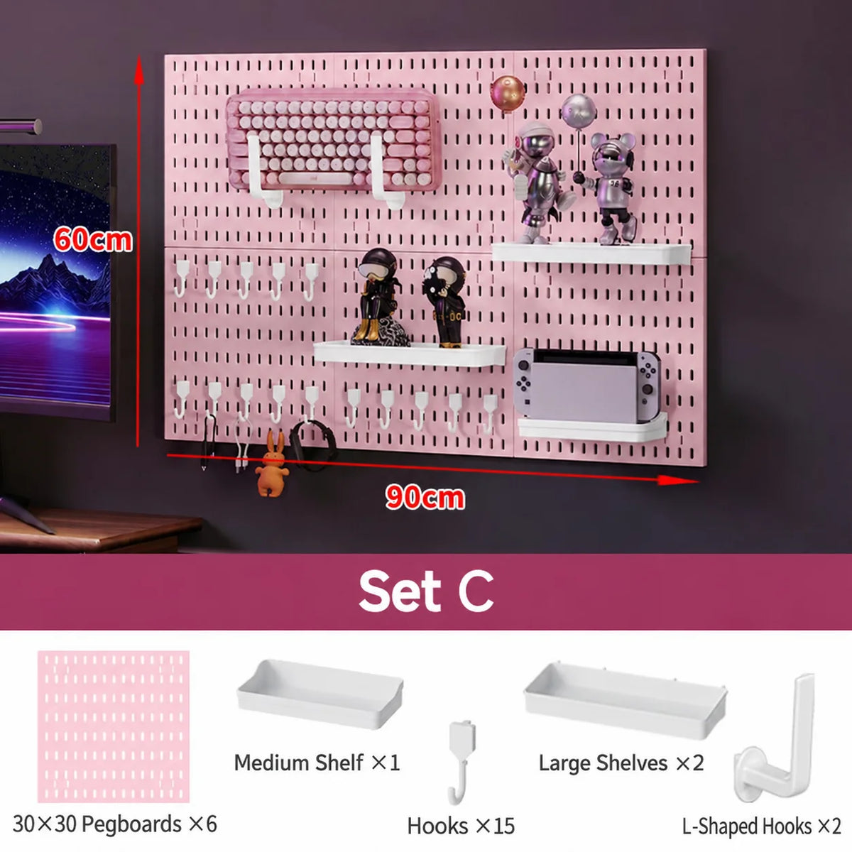 Pink No Drill Pegboard Storage Organizer Combinable Wall Mount Board for Gaming Desk Headset Game Controller Storage