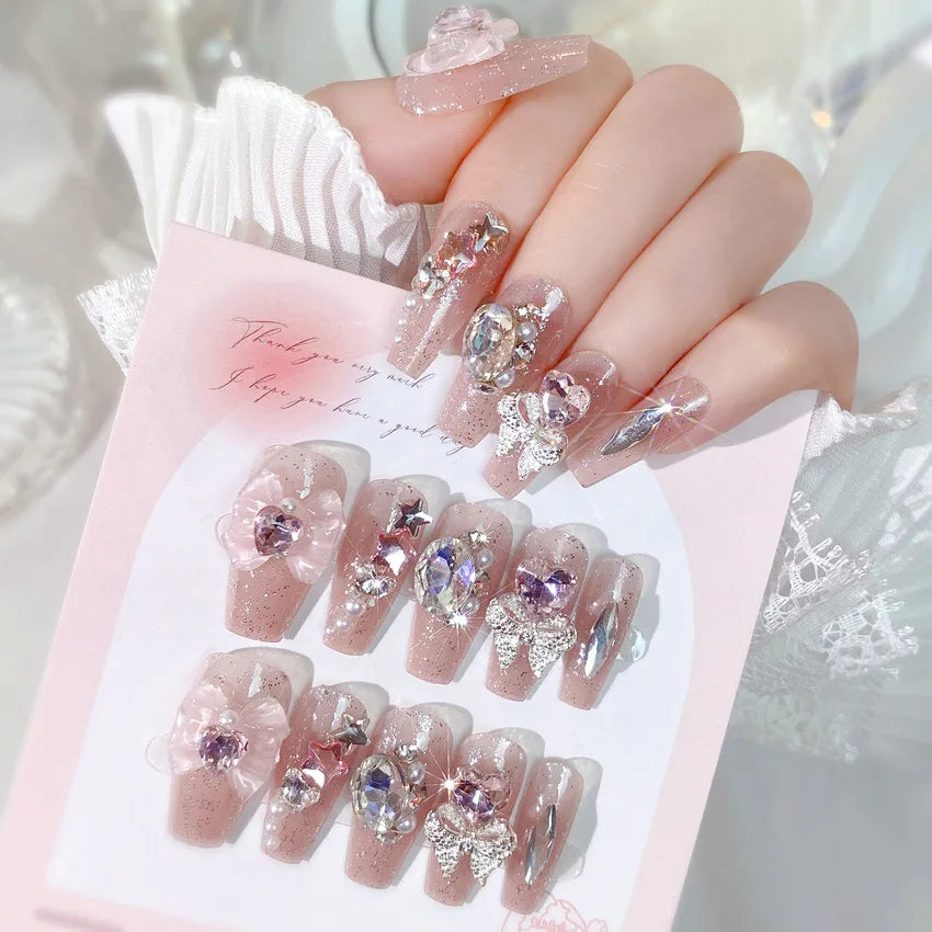 24pcs Kawaii Cartoon Rabbit Press On Nails Bowknots Diamond Decor Mid-length Coffin False Nail White French Blush Pink Fake Nail