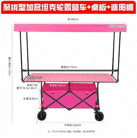 Large Foldable Stall Table Lift Trolley, Mobile Vendor Cart with Rainproof Sun Awning