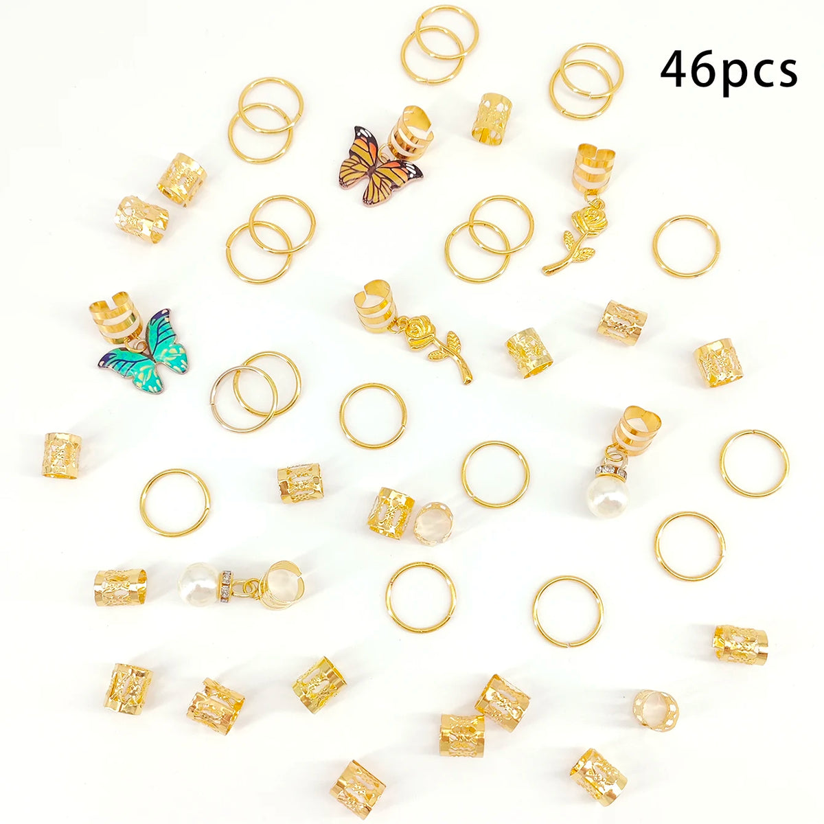 46Pcs Rose Butterfly Braid Clips Crystal Dreadlock Hair Accessories Colorful Butterflies Pendant Charms Pearl Hair Jewelry Gifts