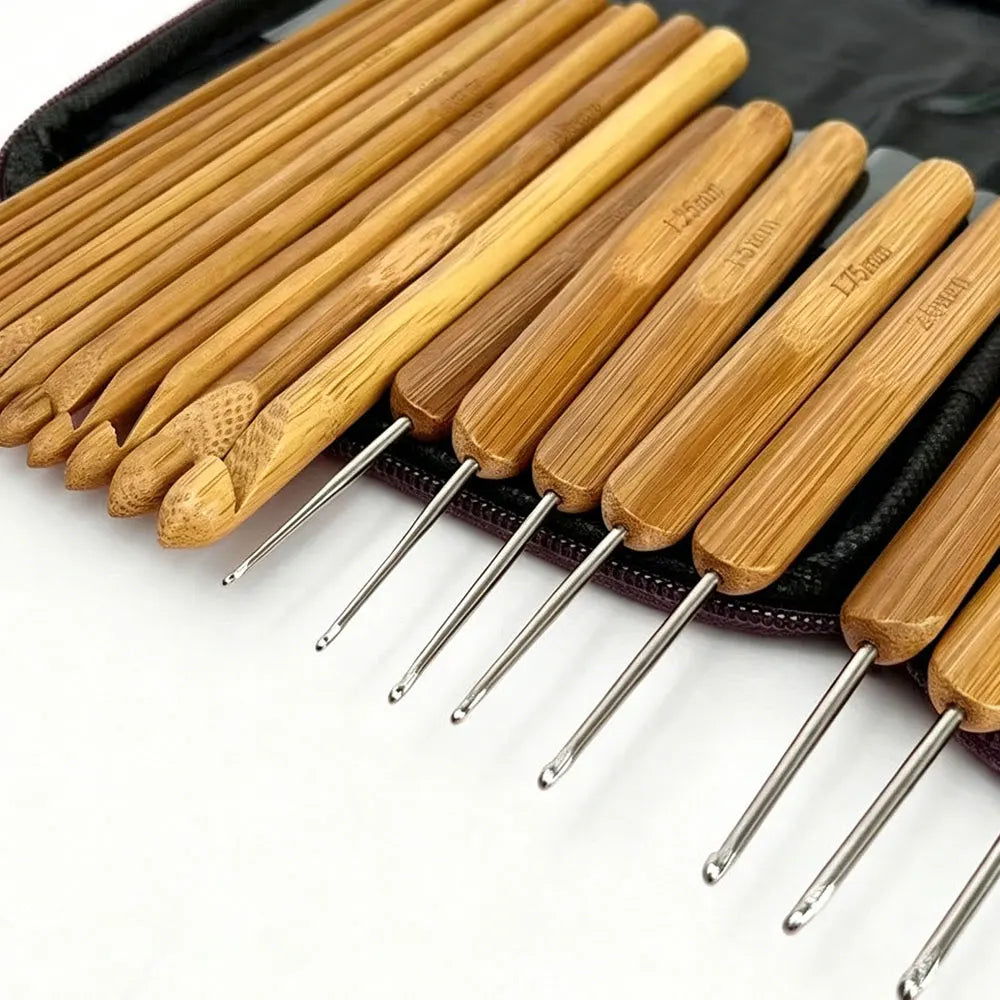 74pcs Bamboo Crochet Hooks Set Yarn Weave Craft Sewing Tools With Portable Storage Bag Knitting Crochet Hook Set Sewing Tools