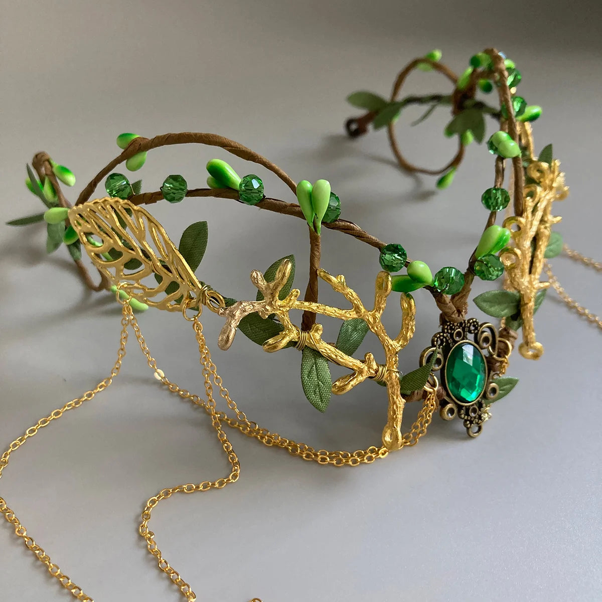 Elf ear cuffs Green Rattan Bridal Fairy Crown Woodland Wedding Tiara Elven Flower Circlet Fairy Diadem Flower Greenery  Headband