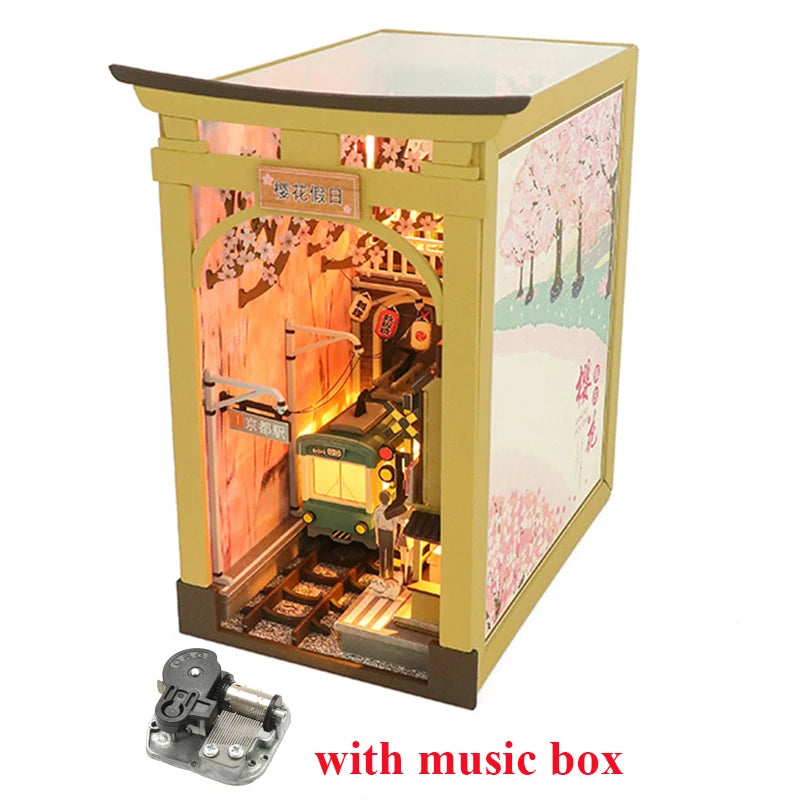 DIY Book Nook Shelf Insert Kits Miniature Dollhouse with Furniture Room Box Cherry Blossoms Bookends Japanese Store Toys Gifts