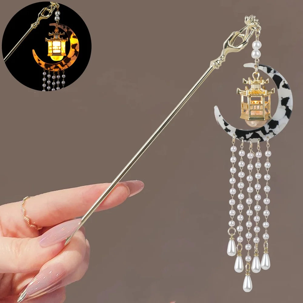 Luminous Flower Hairpin Lotus Light Lantern Tassel Hair Stick