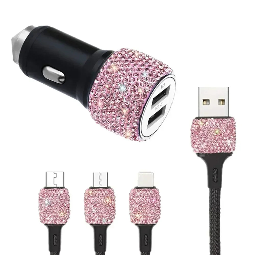 3in1 USB Car Charger 5V 2.1A Dual Port Fast Adapter Pink Car Decor Car Styling Diamond Interior Car Accessories Dropshipping