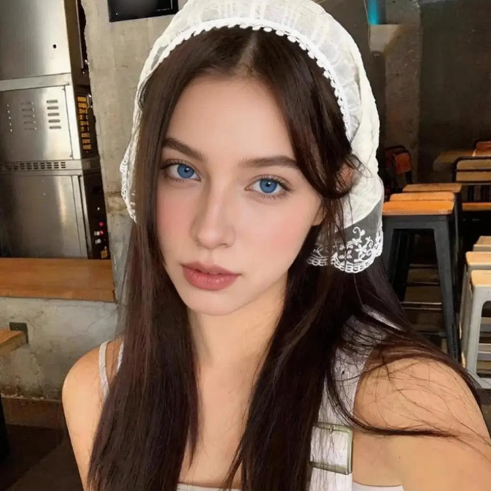 Sweet French Style Lace Triangle Scarf Bohemia Summer Hollow Floral Headband Ribbon Weave Print Beach Vacation Hair Accessories