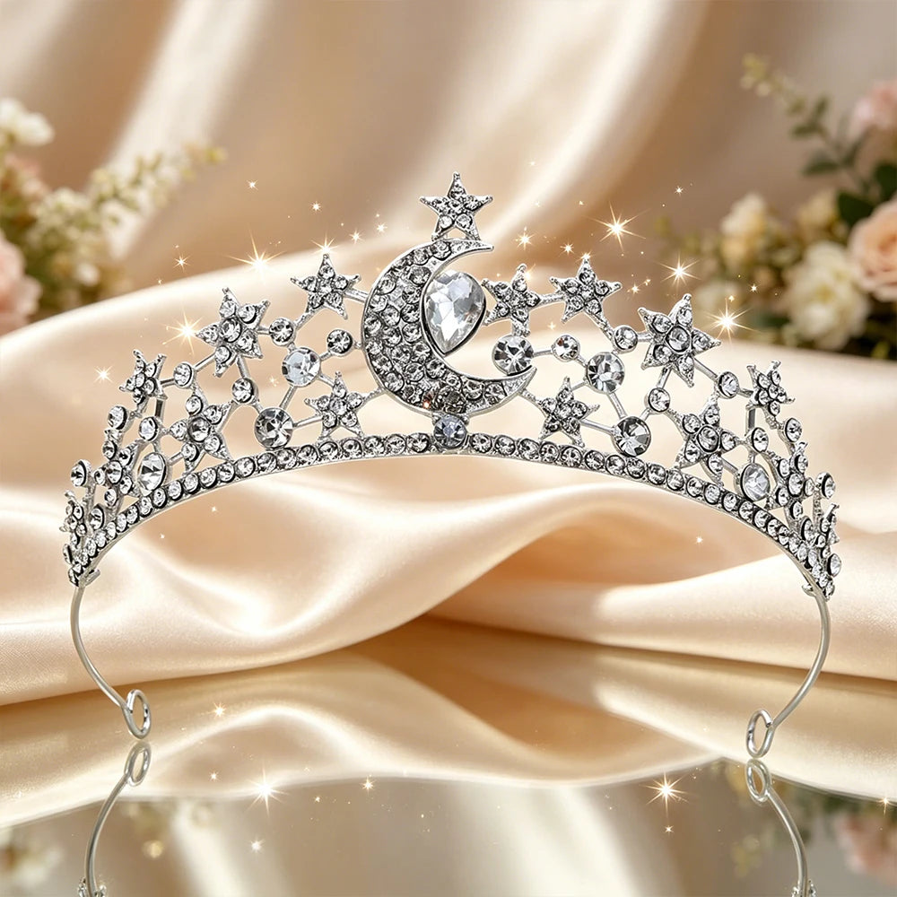 Moon Star Bridal Tiara Sparkling Rhinestone Celestial Queen Crown Dreamy Headpiece Wedding Pageant Fairy Themed Party Occasions