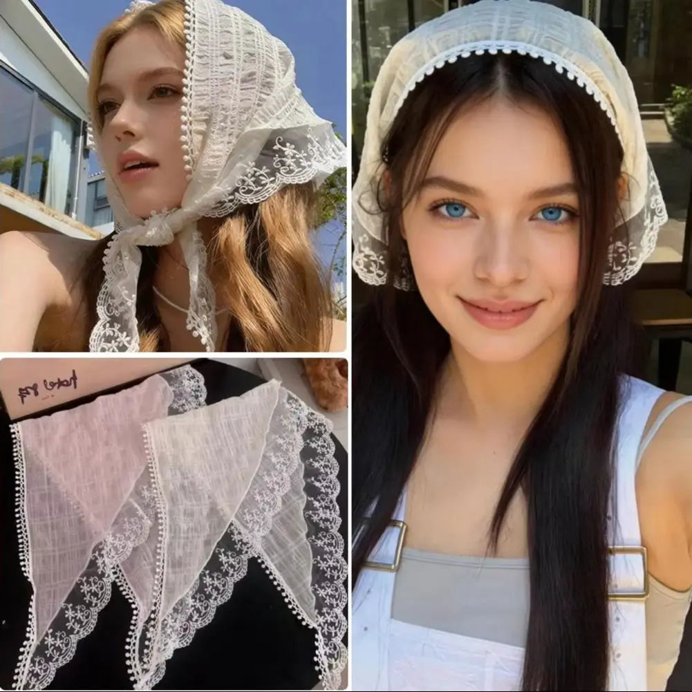 Sweet French Style Lace Triangle Scarf Bohemia Summer Hollow Floral Headband Ribbon Weave Print Beach Vacation Hair Accessories