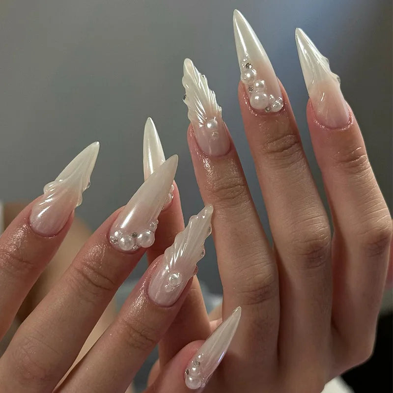 24pcs Long Ballerina Seashell Pearl Acrylic Nails