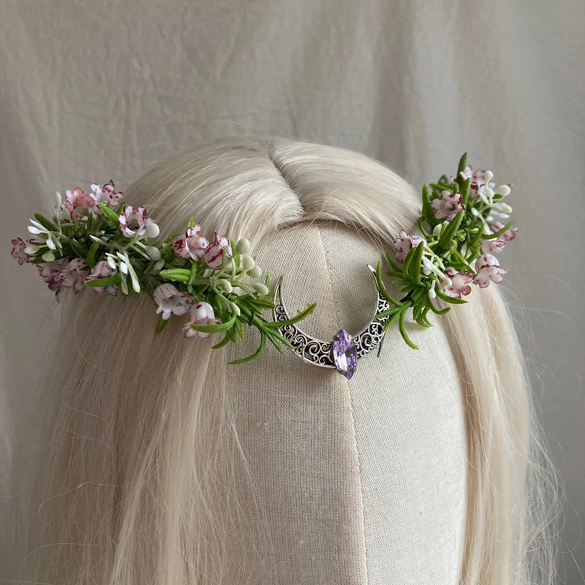 Bell orchid Elven Tiara Crescent Moon Headband Silver Elven Circlet Dainty flower Halo Fairy Headress Costume Bridal Crown