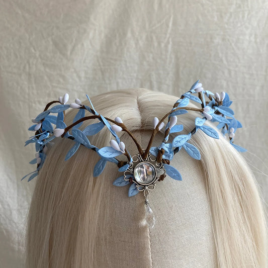 White Gem Woodland Fairy Crown ELF Tiara Boho Bridal Headband Blue Leaves Elven Headpiece Fairy Costume Circlet Renaissance
