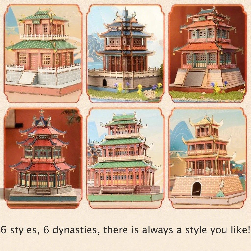 3D Wooden Chinese Yueyang Pavilion Model Kit Tang to Modern Dynasty Style DIY Architectural Display for Miniature Diorama Craft