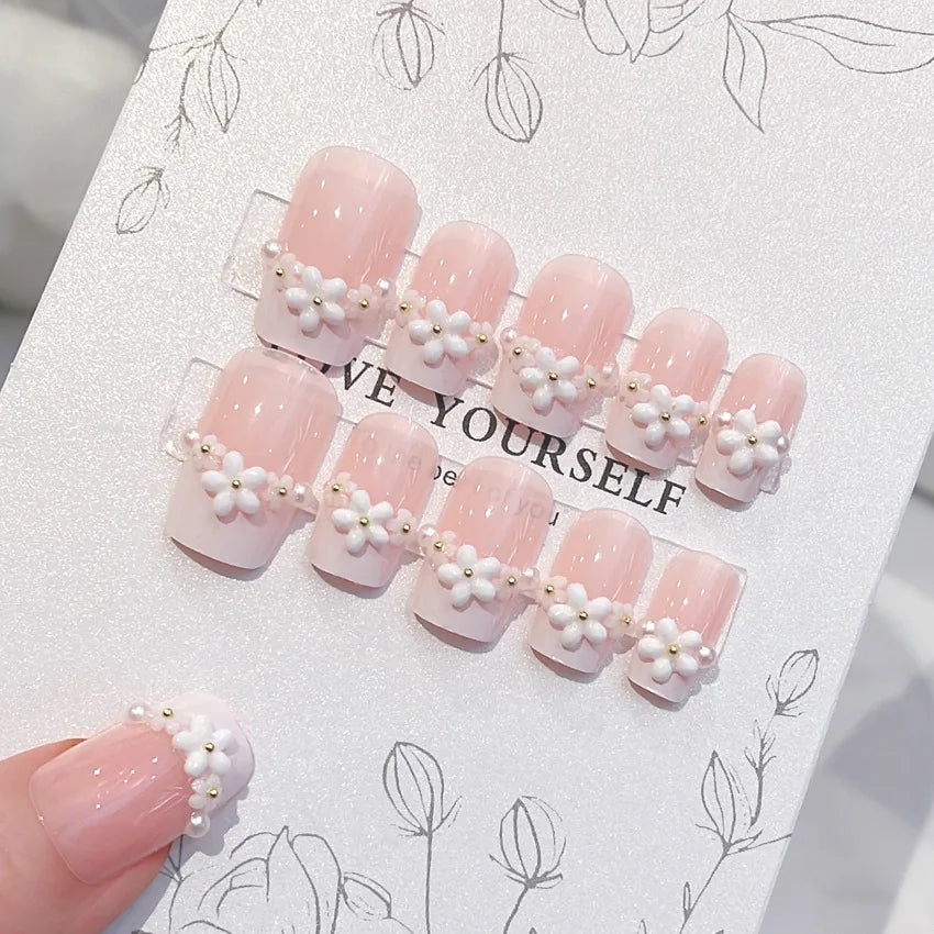 24pcs Kawaii Cartoon Rabbit Press On Nails Bowknots Diamond Decor Mid-length Coffin False Nail White French Blush Pink Fake Nail