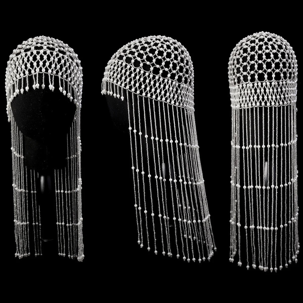 Luxury Pearls Beaded Headwrap for Women Full Tassel Headpiece 1920s Gatsby Flapper Cap Bridal Headband Wedding Hair Accessories