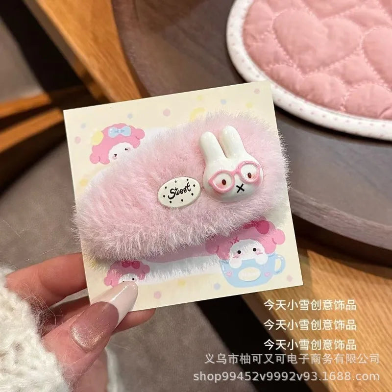 Cute Pink Plush Miffy Hair Clip - Japanese Cartoon Hairpin for Girls, Autumn/Winter Bangs Accessory