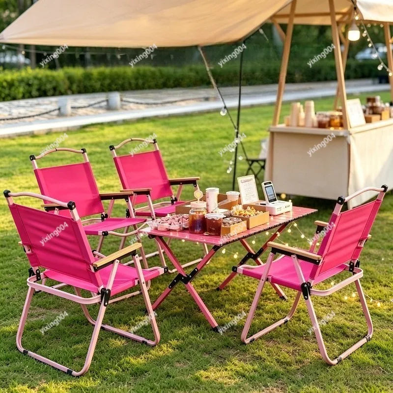 Pink Folding Camping Table Chair Set Portable Egg‑Roll Table Picnic Chair Kit for Outdoor Activity