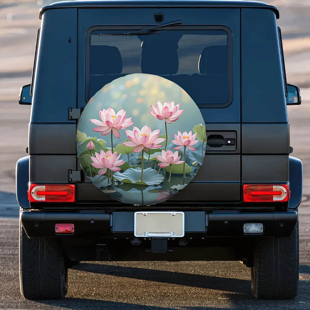 Pink Lotus Flowers Tire Cover Polyester Waterproof Spare Wheel Protector for SUV