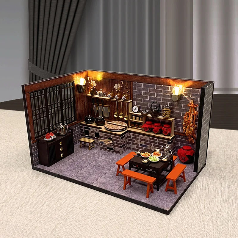DIY Dollhouse Miniature Chinese Ancient Kitchen Kit Vintage Wooden Assembly Model with LED Lights Pretend Play Educational Toy